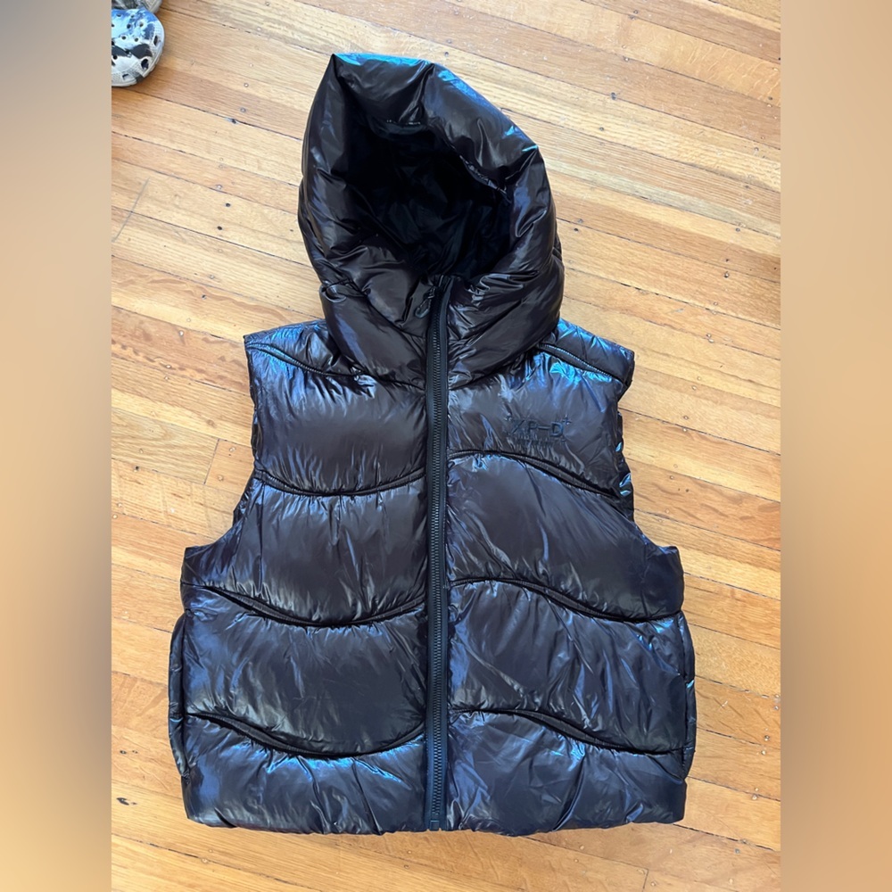 Superdry Shiny black puffer hoodie vest 10 42 M turtle hood Y2K puffy jacket